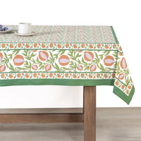 Spring floral tablecloth on an Easter tablescape.