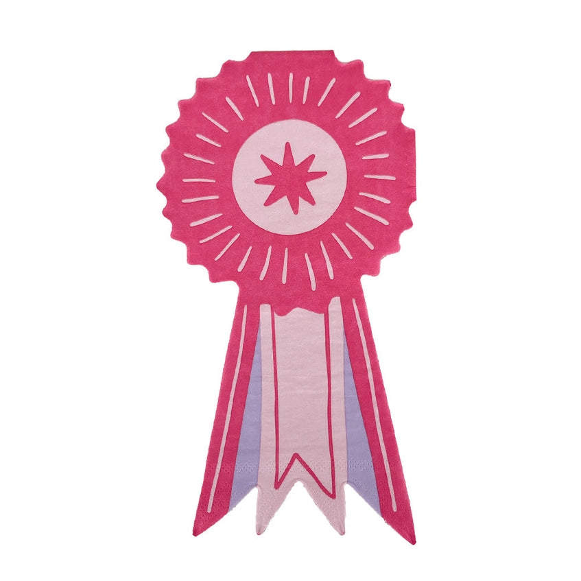 Single pink show ribbon napkin with scalloped edges and ribbon tails on a white background—die-cut for a horse or pony party event.