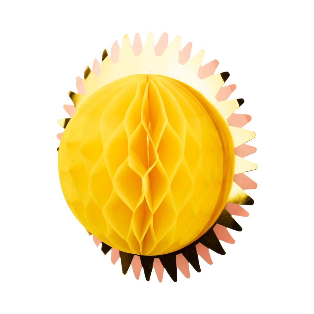 Yellow sun honeycomb decoration with spiked gold foil rays