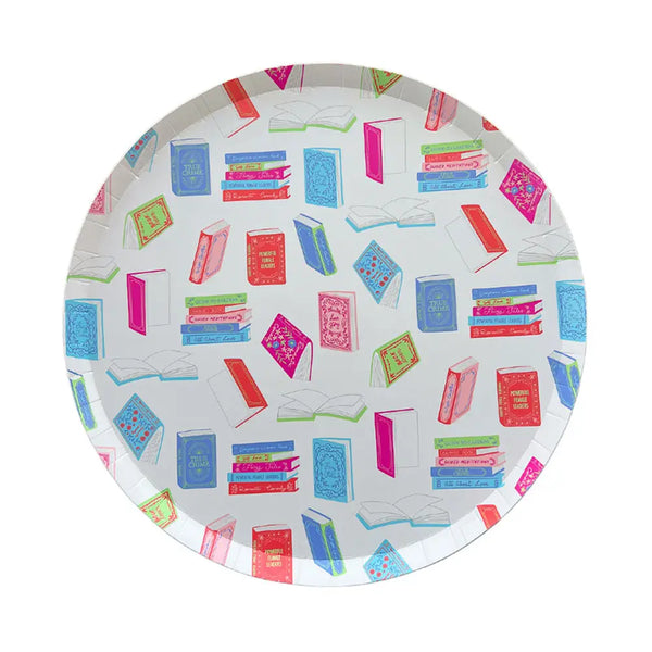 White paper dinner plate, 10 inches, featuring multicolor book stacks and open book illustrations on white background.