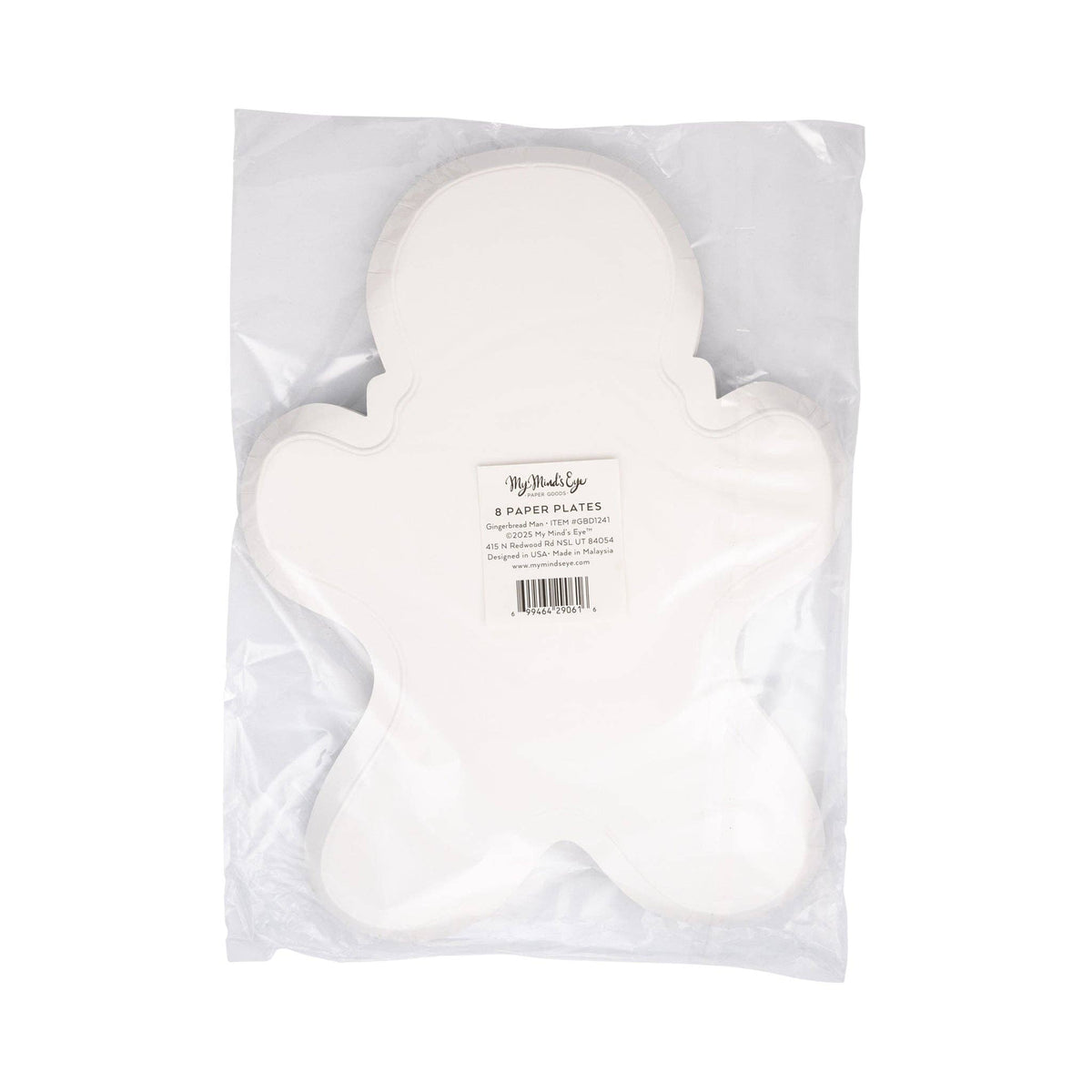 Back packaging of Gingerbread Man Plates showing plate shape and product label.