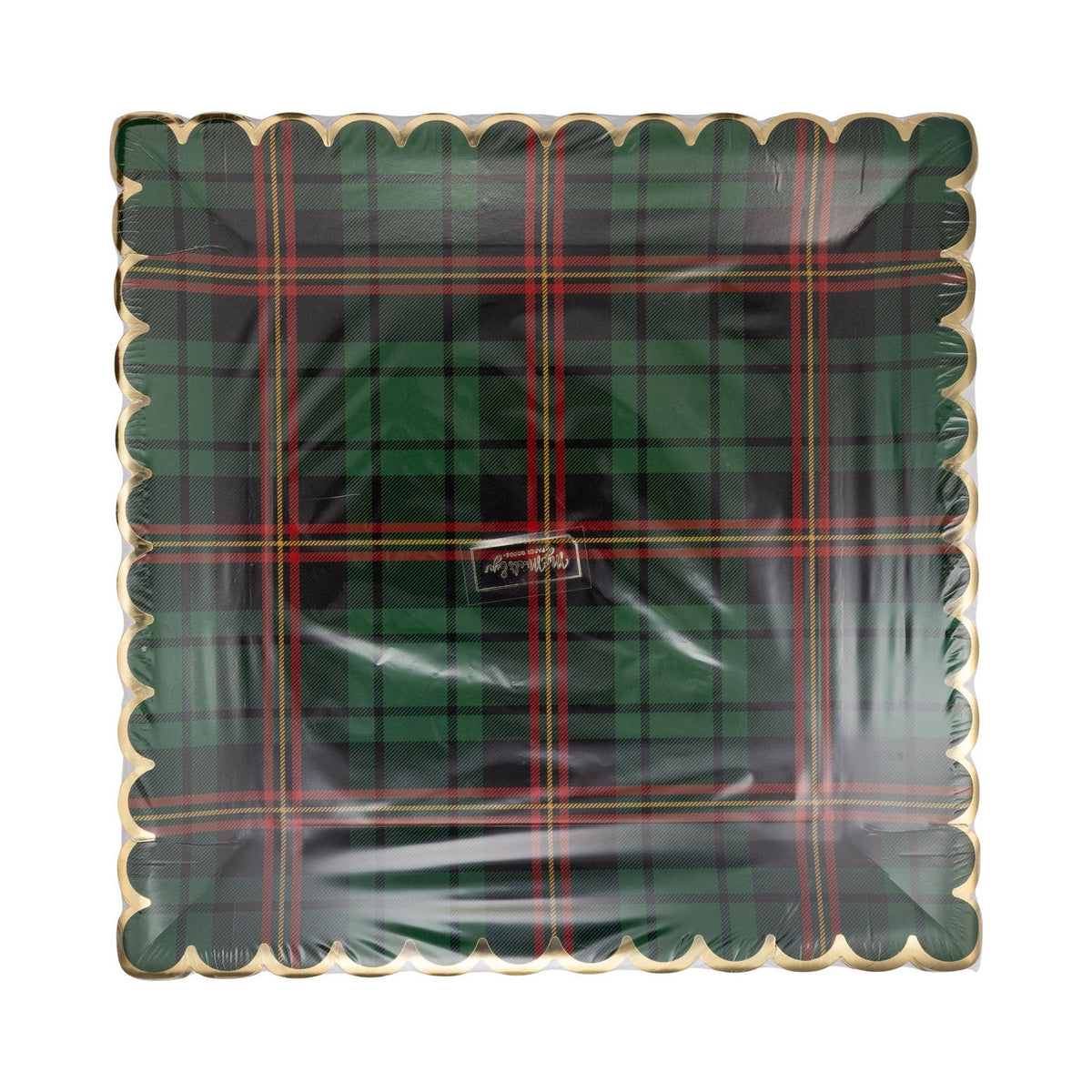 Front view of green plaid scalloped plate with gold foil border, packaged