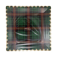 Front view of green plaid scalloped plate with gold foil border, packaged