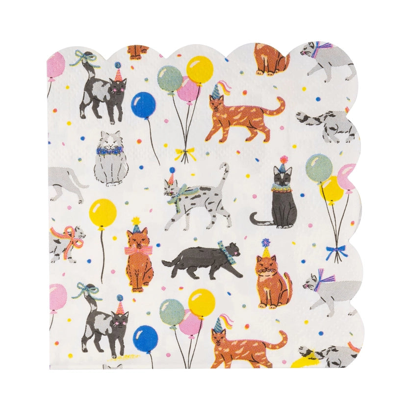 Unfolded 5-inch square napkin with right-side scallops, printed all over with multi-colored confetti, balloons, and cats wearing birthday hats and bows.