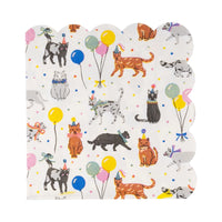 Unfolded 5-inch square napkin with right-side scallops, printed all over with multi-colored confetti, balloons, and cats wearing birthday hats and bows.