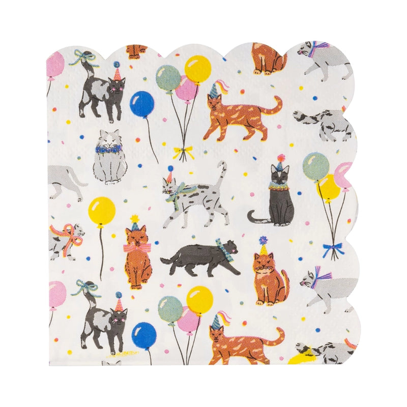 Unfolded 5-inch square napkin with right-side scallops, printed all over with multi-colored confetti, balloons, and cats wearing birthday hats and bows.