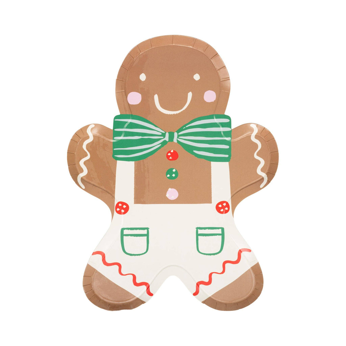 Close-up of Gingerbread Man Plate showing bow tie, buttons, and icing details.