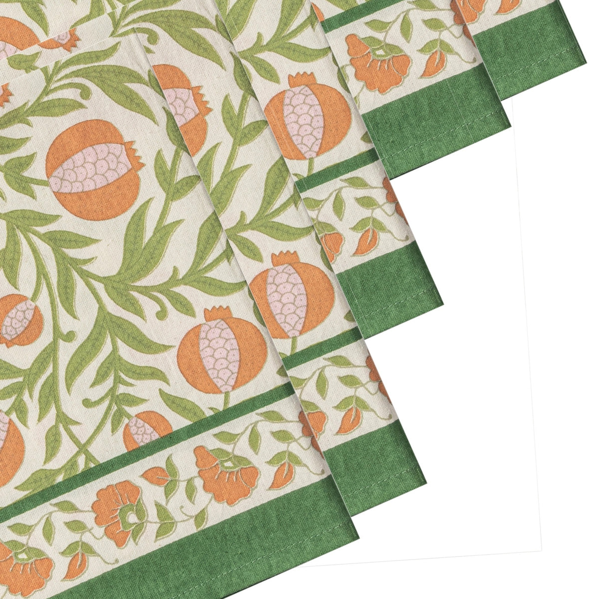 floral cloth napkin in green and orange pomegranate design - perfect for a spring table or an Easter tablescape. These are lovely spring Napkins.