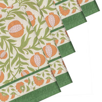 floral cloth napkin in green and orange pomegranate design - perfect for a spring table or an Easter tablescape. These are lovely spring Napkins.