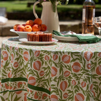 Spring floral tablecloth on an Easter tablescape.