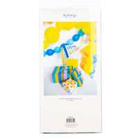 A Felt pennant banner displayed next to bright 90s Retro style gift boxes and yellow balloons.