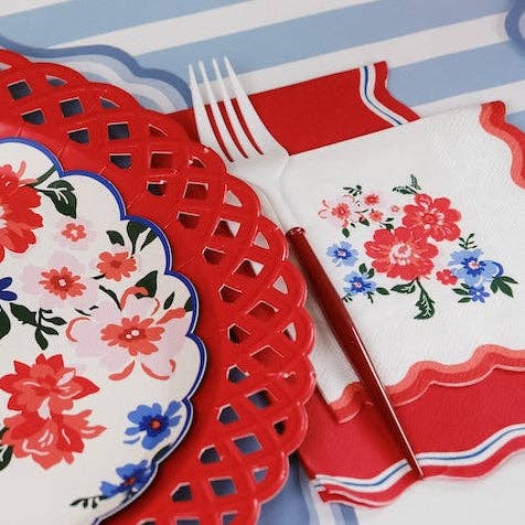 Red Scalloped Summer Floral Napkins (16ct)