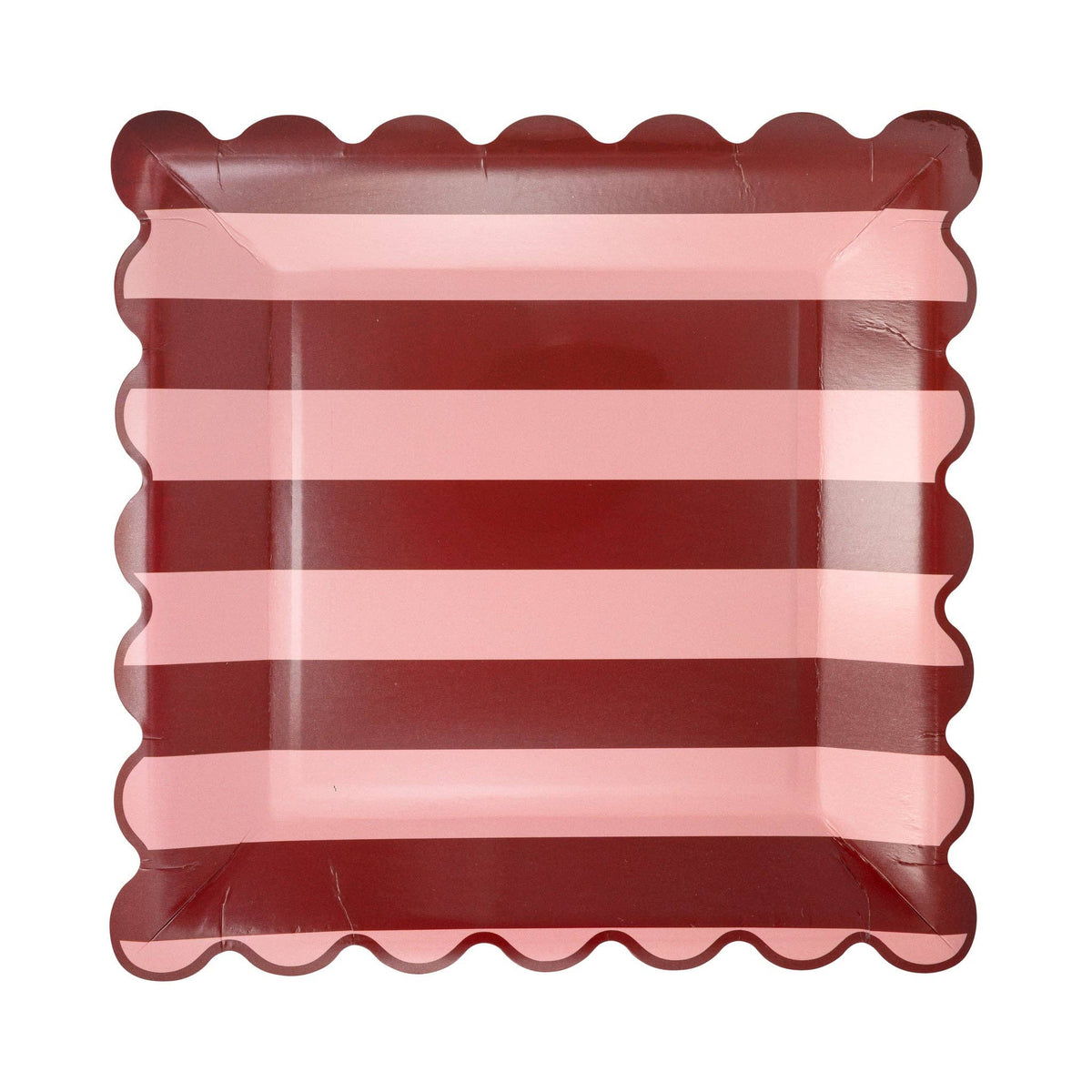 Pink & Burgundy striped square scalloped paper plate on white background