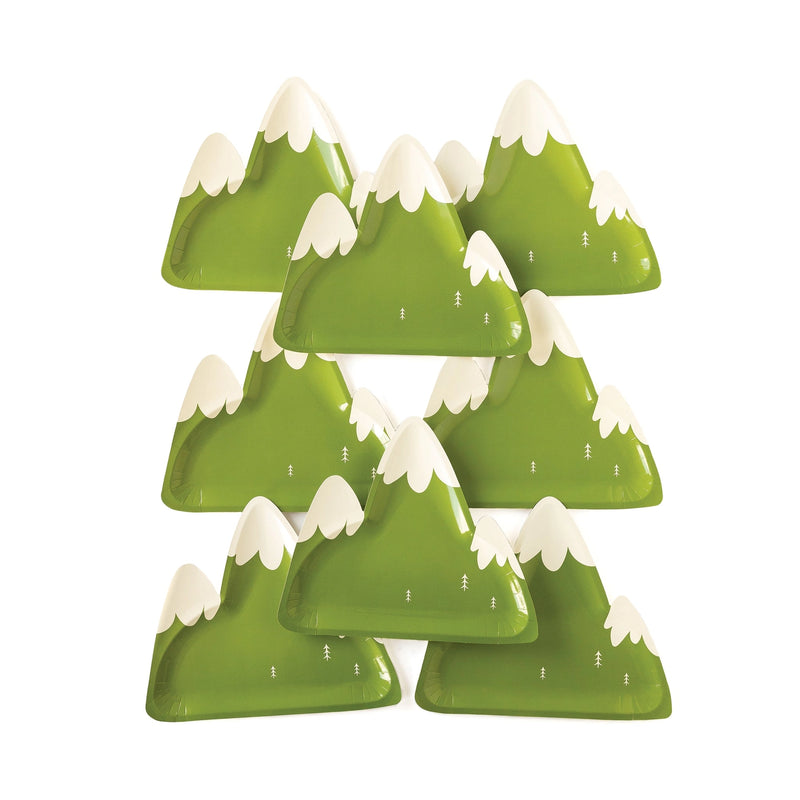 A stack of 8 green mountain-shaped paper plates with white snowy peaks arranged in a staggered layout.