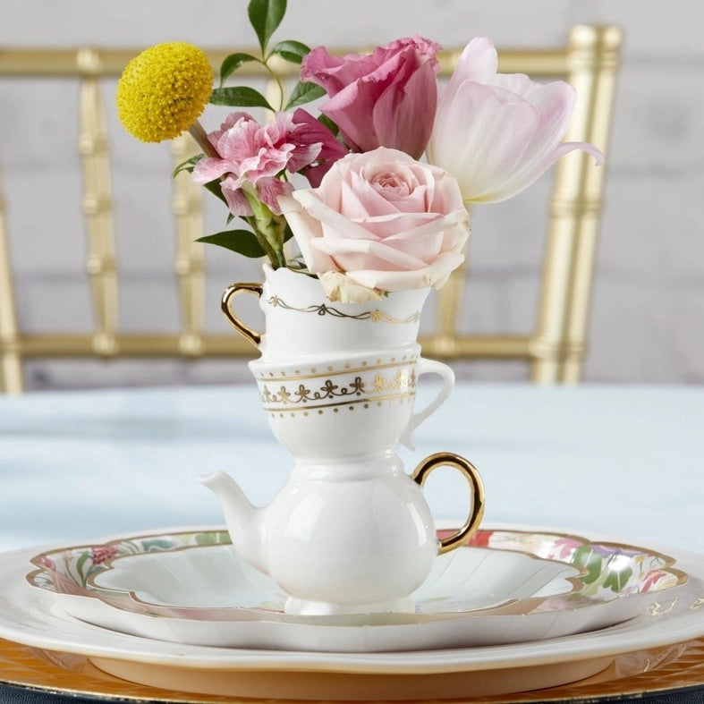 Tea Time Whimsy Ceramic Bud Vase - Tea Party Events, Take Home Gift Party Decor for Birthday, Wedding & Bridal Shower