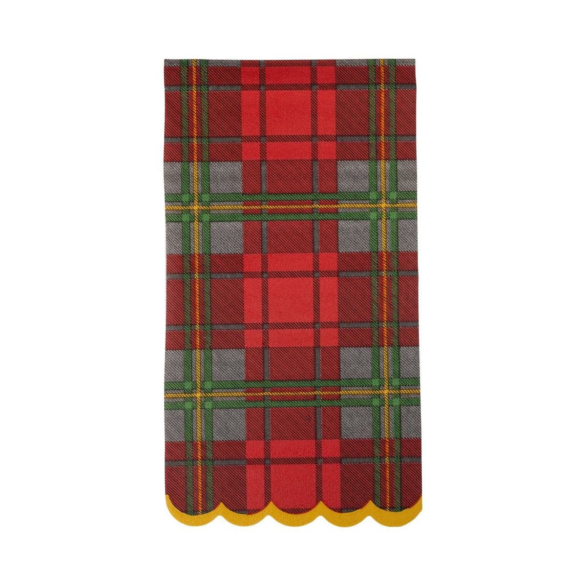 Close-up of red plaid napkin with gold scalloped edge