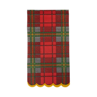 Close-up of red plaid napkin with gold scalloped edge