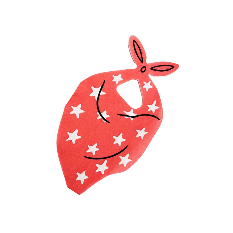 Isolated red bandana guest napkin with white stars and die‑cut knot against white background.