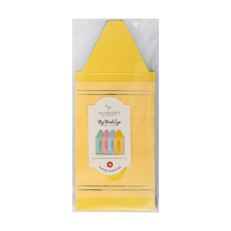 Packaged yellow crayon-shaped napkin on top, with product label showing all four crayon colors in the set.