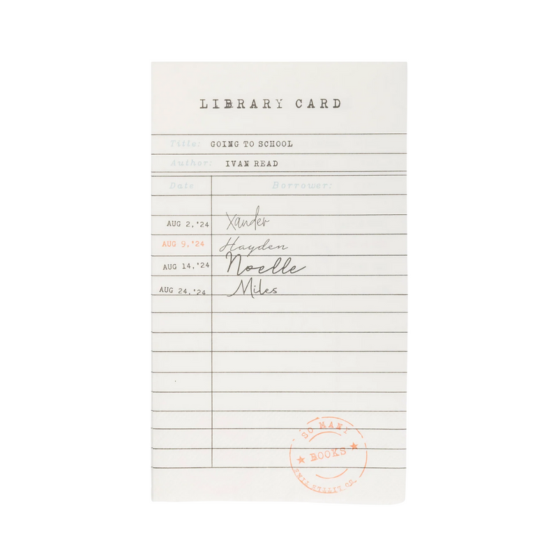Unwrapped dinner napkin printed to look like a vintage library card with names and dates written in script.
