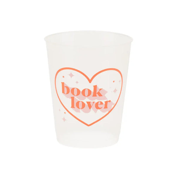 A single translucent flex cup featuring the words "book lover" framed inside a coral-colored heart accented with tiny stars, perfect for book club gatherings.