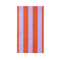A single rectangular paper guest towel laid flat, displaying a bold orange and lilac striped pattern.