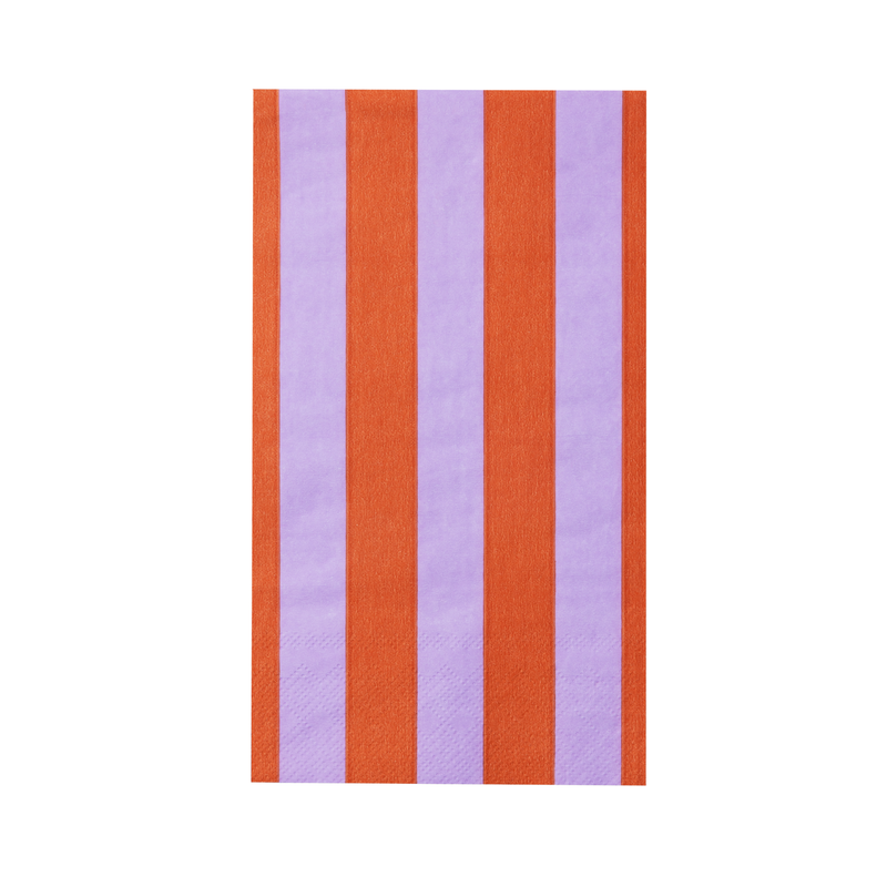 A single rectangular paper guest towel laid flat, displaying a bold orange and lilac striped pattern.