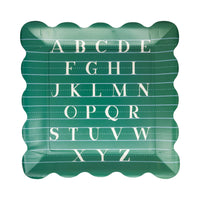 Green square alphabet paper plate with scalloped edges and school-inspired A-Z design for classroom parties
