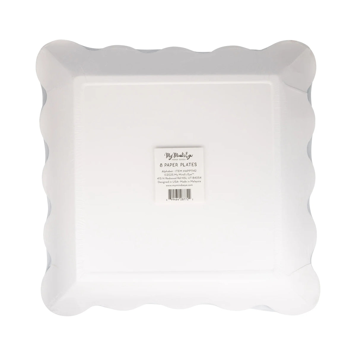 Back of scalloped square green alphabet paper plate package showing label with product details