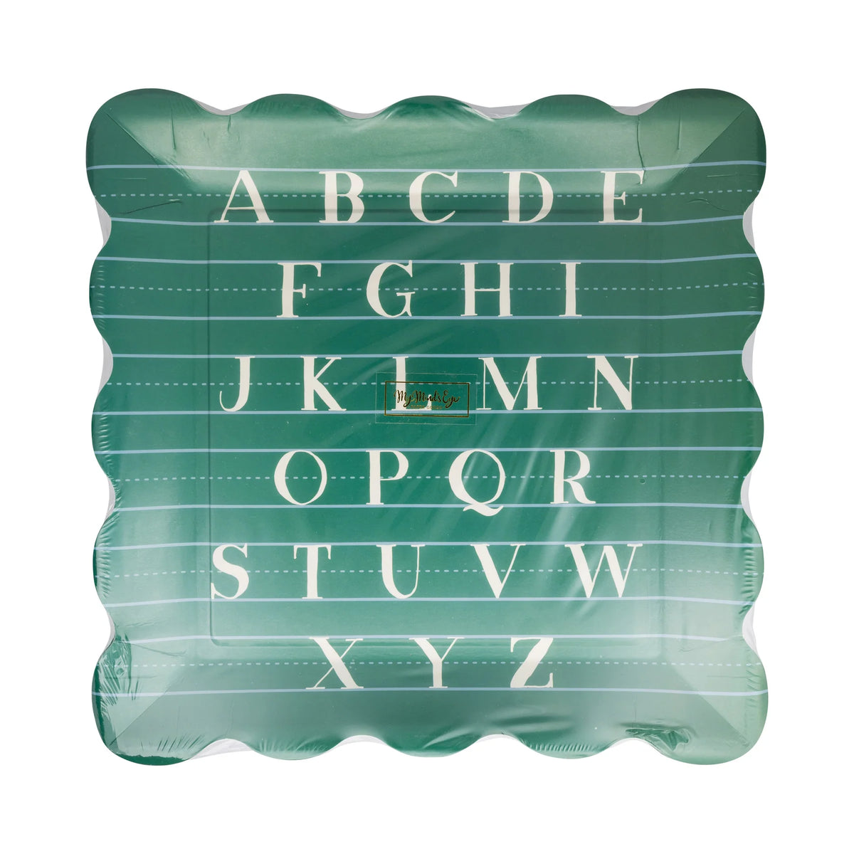Front view of green alphabet paper plate with scalloped edges and white A-Z lettering on lined paper background