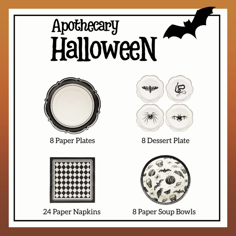 Collage graphic of Apothecary Halloween Party Kit showing dinner plates, dessert plates, cocktail napkins, and soup bowls with item counts and bat motif.