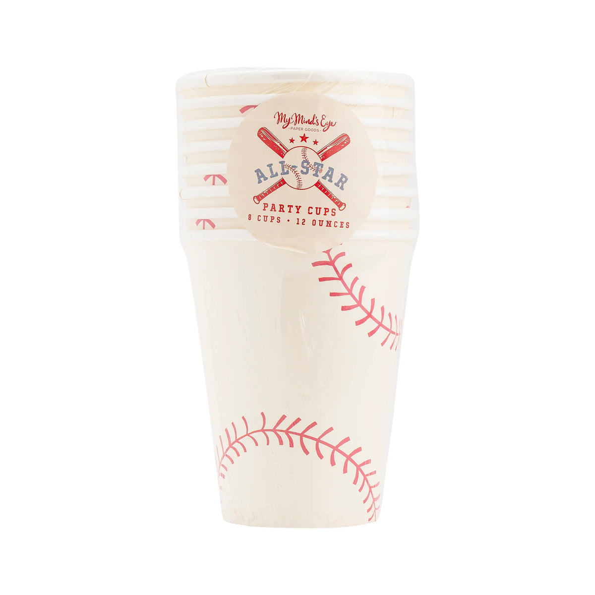Front view of packaged cup stack with round “All‑Star Party Cups 12 oz” label.