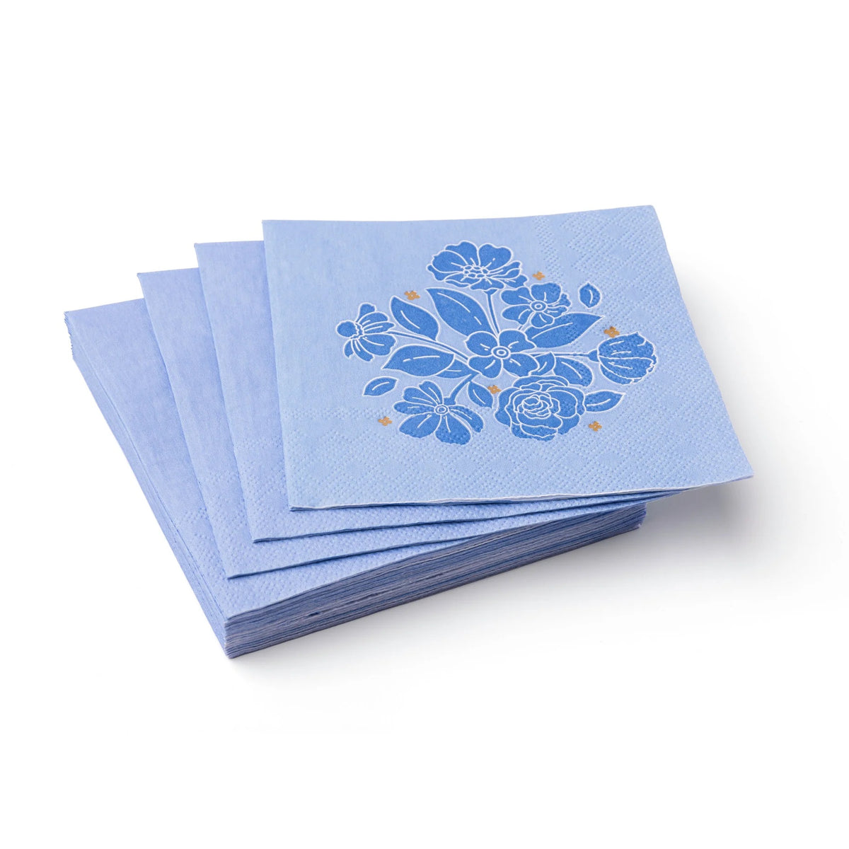 Stack of Blue floral paper cocktail napkins perfect for a baby shower, a bridal shower, or easter.