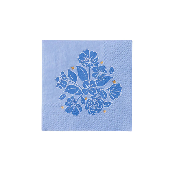 Blue floral paper cocktail napkin perfect for a baby shower, a bridal shower, or easter.