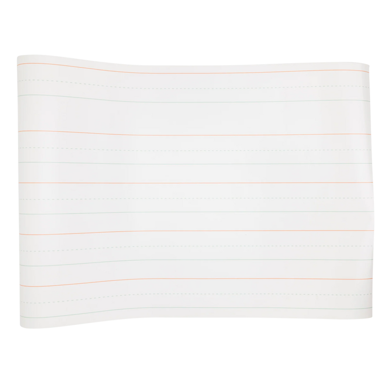 Flat lay of the unrolled paper table runner showing classic red and blue handwriting lines