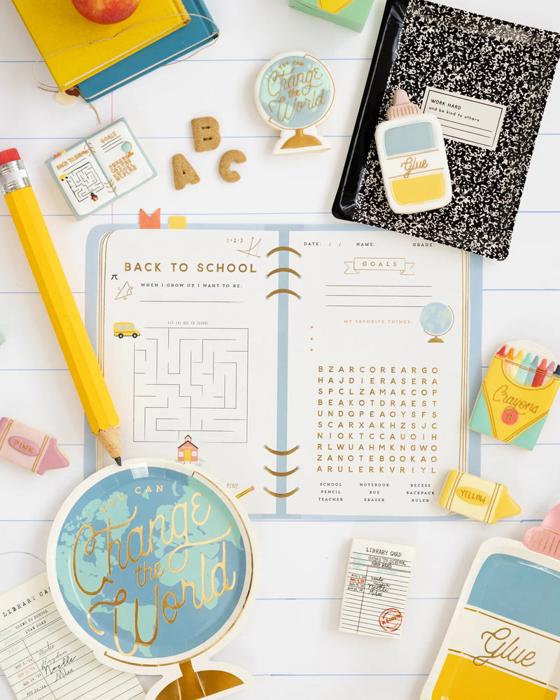 Styled top-down layout with pencil plate and full visibility of the planner placemat activities.