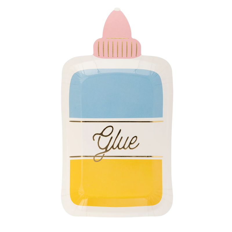 Single glue bottle-shaped paper plate with pastel blue, yellow, and pink design against white background.