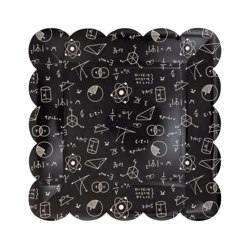 Top-down image of the black STEM-themed paper plate with white equations and symbols, ideal for back to school decorations.