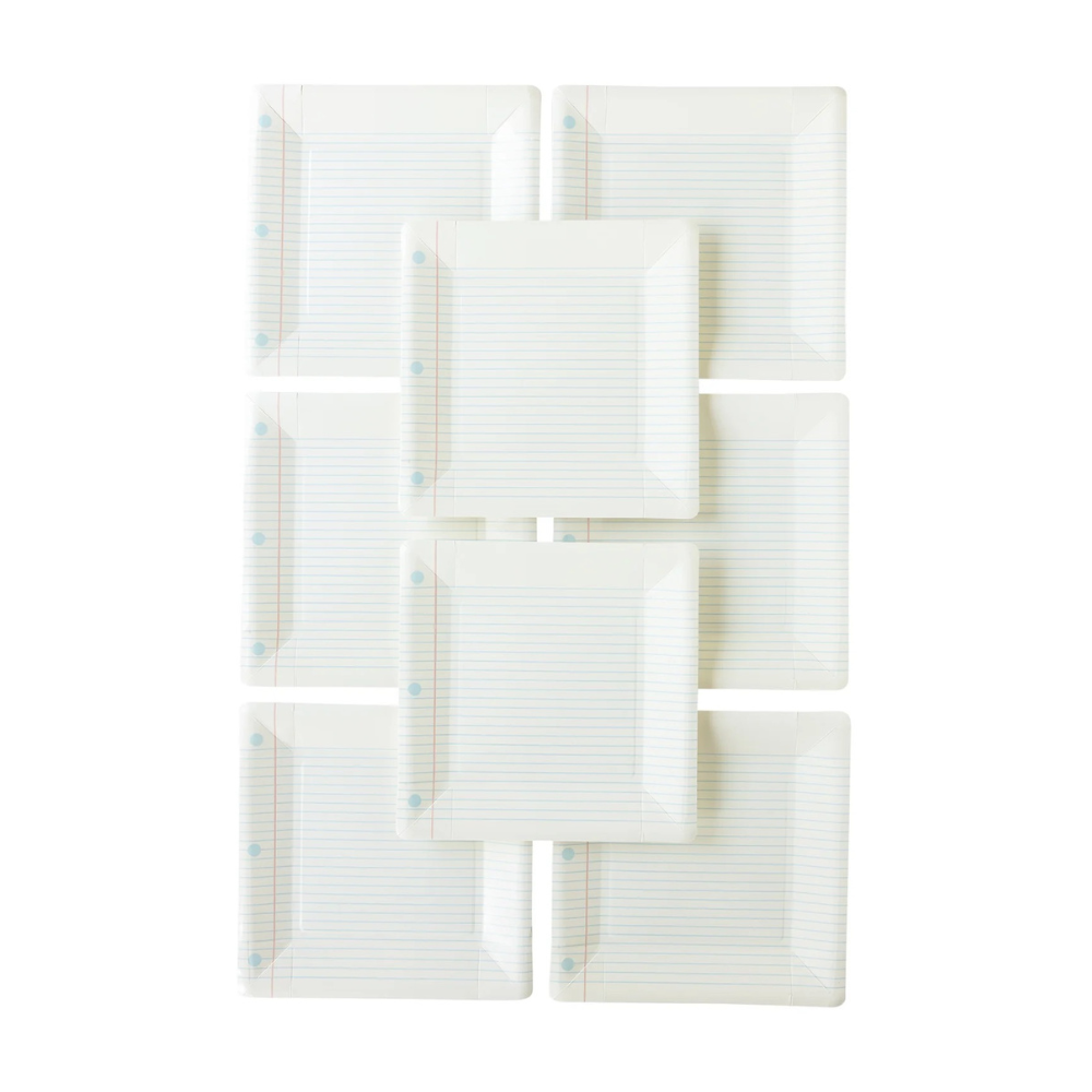 This set of 8 square plates, designed to look like notebook paper, is perfect for a school-themed celebration.