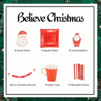 Flat lay of the complete 6-piece Christmas Party Kit, showing the Merry Christmas banner, reusable straws, Santa Paper Plates, Red Star Plates, Santa Claus Napkins, and cups—all red and white party supplies for a cohesive disposable dinnerware tableware set.