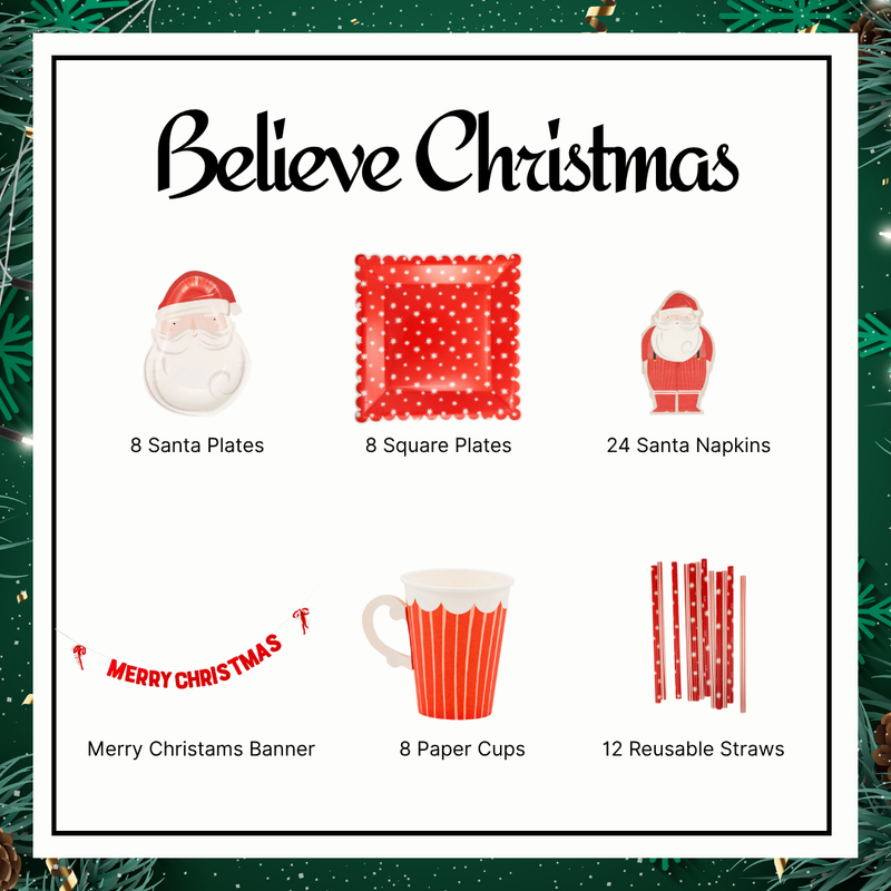 Flat lay of the complete 6-piece Christmas Party Kit, showing the Merry Christmas banner, reusable straws, Santa Paper Plates, Red Star Plates, Santa Claus Napkins, and cups—all red and white party supplies for a cohesive disposable dinnerware tableware set.