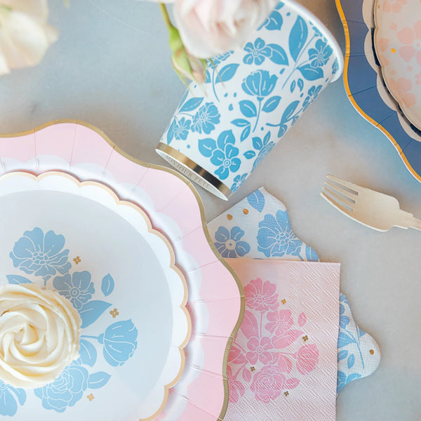 Blue floral paper napkins on a Spring table setting