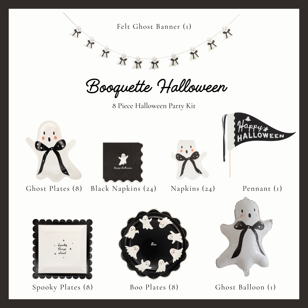 Booquette Halloween party kit contents, felt ghost banner, ghost shaped plates and napkins, Boo scalloped plates, black Happy Halloween napkins, pennant and ghost balloon