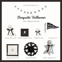 Booquette Halloween party kit contents, felt ghost banner, ghost shaped plates and napkins, Boo scalloped plates, black Happy Halloween napkins, pennant and ghost balloon