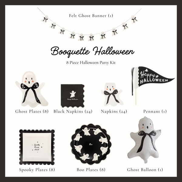 Booquette Halloween party kit contents, felt ghost banner, ghost shaped plates and napkins, Boo scalloped plates, black Happy Halloween napkins, pennant and ghost balloon