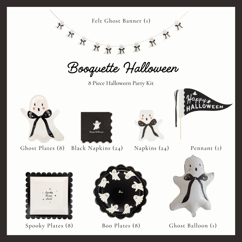 Booquette Halloween party kit contents, felt ghost banner, ghost shaped plates and napkins, Boo scalloped plates, black Happy Halloween napkins, pennant and ghost balloon