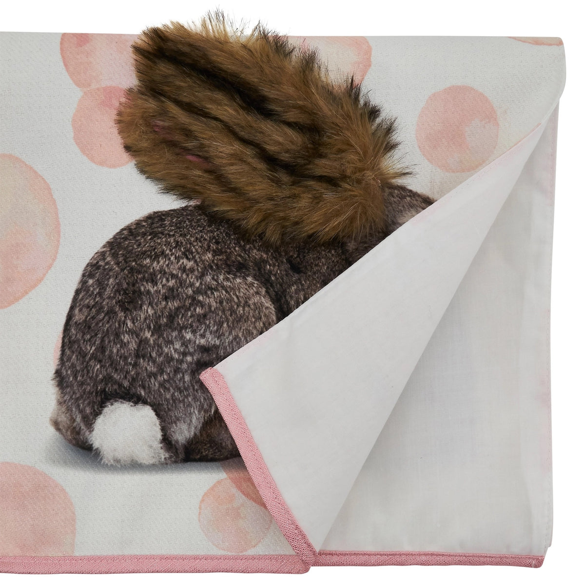 Easter table runner featuring pink polka dots and Easter Bunny design.