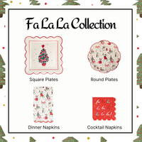 Full display of the 4-piece Christmas Dogs Party Kit, showing the layered Fa La La tableware, dog plates, tree plates, and Christmas napkins bundle.