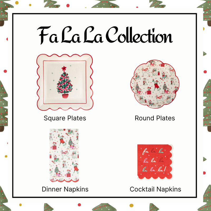 Full display of the 4-piece Christmas Dogs Party Kit, showing the layered Fa La La tableware, dog plates, tree plates, and Christmas napkins bundle.