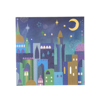 placemat of a colorful cityscape at night with stars and a moon.